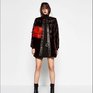 Zara faux fur coat jacket leather gold snap button